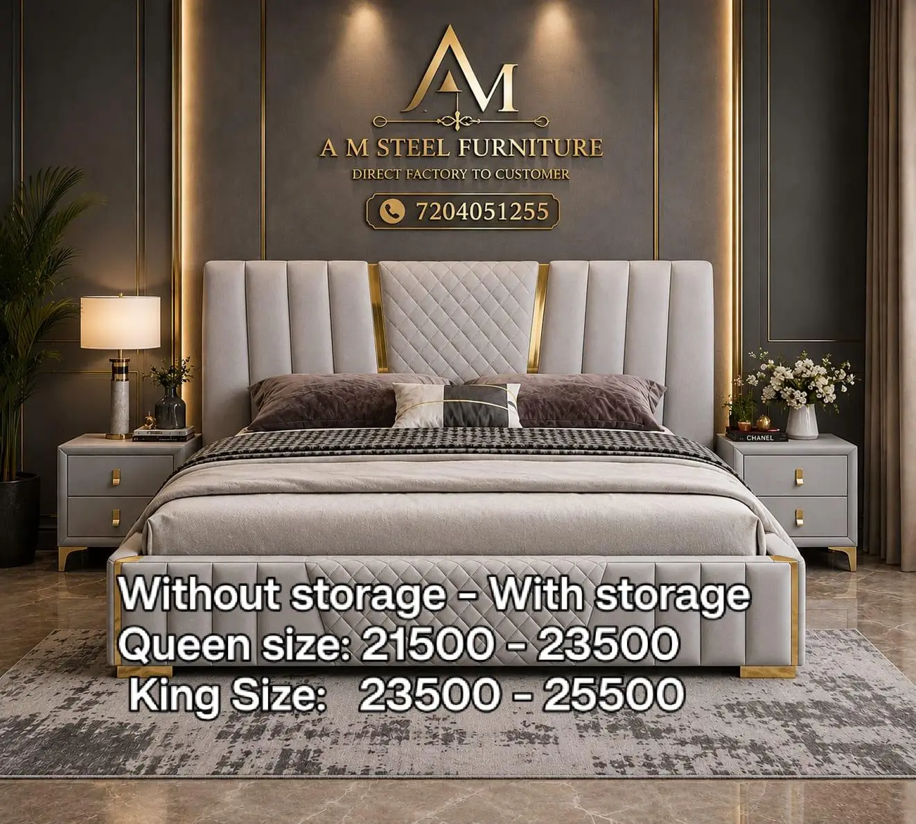 Upholstered beige Bed by A M Steel Furniture