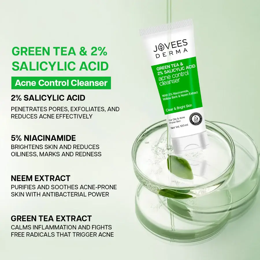 Jovees Derma Green Tea & 2% Salicylic Acid Acne Control Cleanser-100 ml view 4