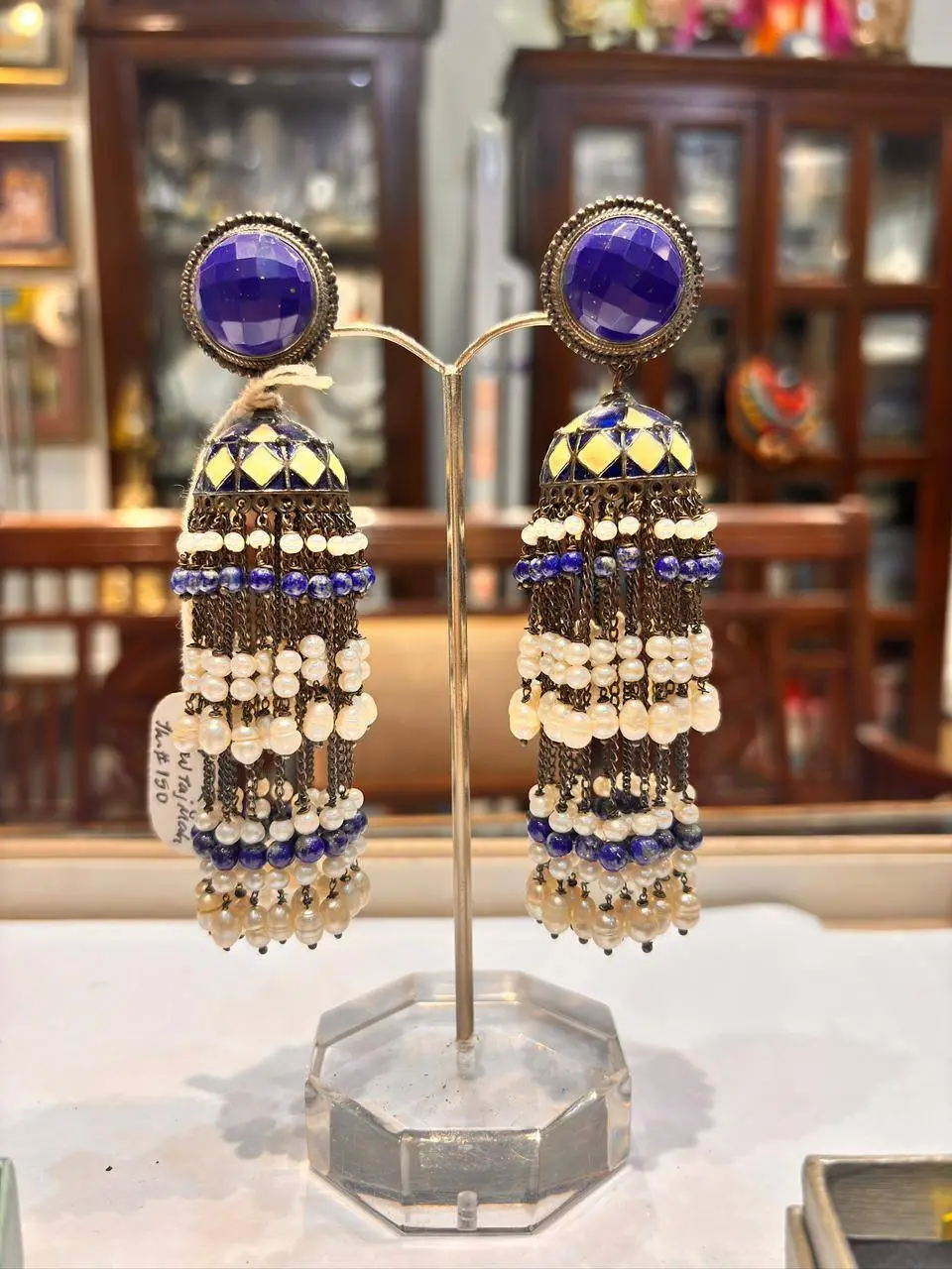 Elegant Blue & Pearl Jhumka Earrings view 3