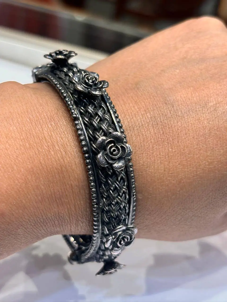 Floral Design Silver Bangle view 2