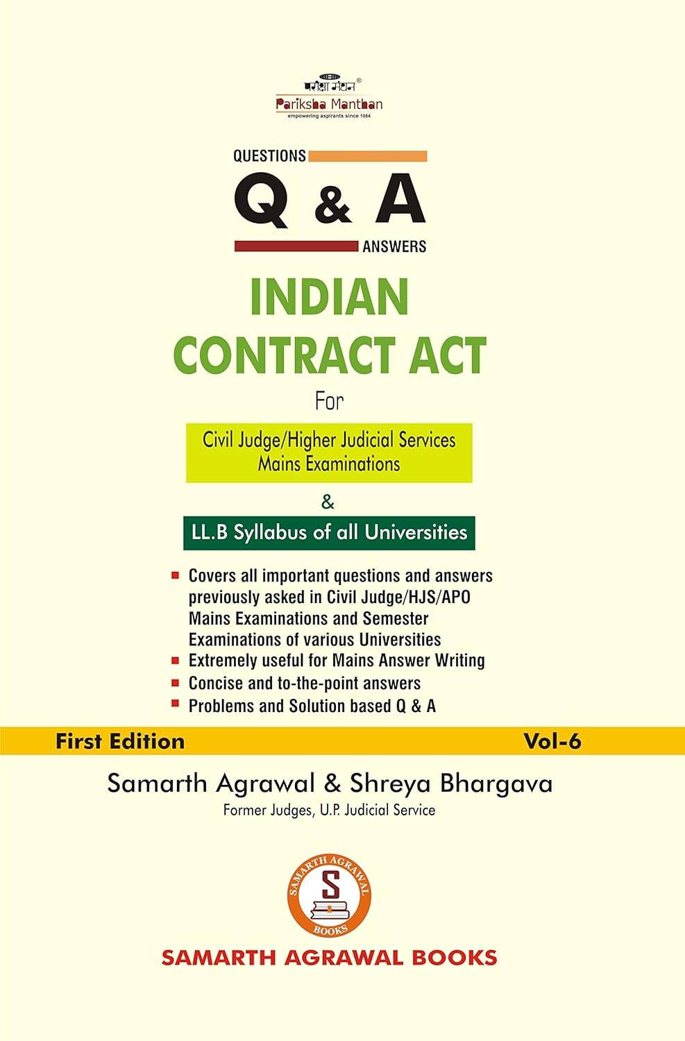 Pariksha Manthan Q&A Indian Contract Act by Shreya Bhargava & Samarth Agrawal | 9788195837823