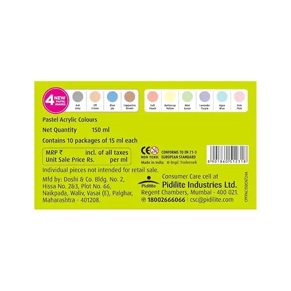Fevicryl Acrylic Colours Pastel Kit | 10 Colours x 15 ml | DIY Paint, Rich Pigment | Multicolour & Multi-surface | Non-Cracking Paint for Canvas, Wood, Leather, Earthenware, Metal view 2