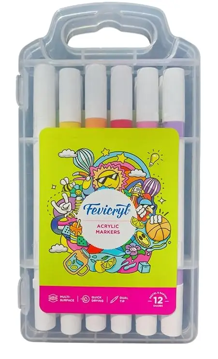 Fevicryl Acrylic Markers | Assorted Colours,12 Shades, Ideal for Paper, Wood, Canvas, Metal, Glass, Stone, Ceramic, Plastic, Fabric | 8901860001812
