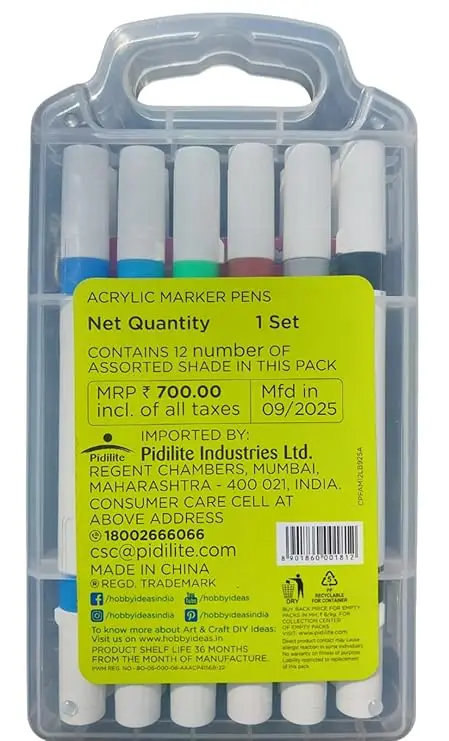Fevicryl Acrylic Markers | Assorted Colours,12 Shades, Ideal for Paper, Wood, Canvas, Metal, Glass, Stone, Ceramic, Plastic, Fabric | 8901860001812 view 6