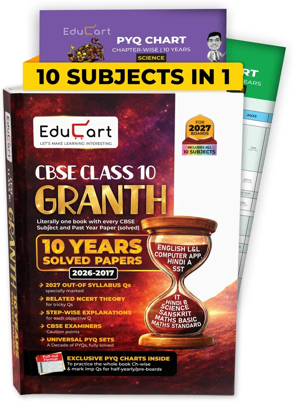 Educart Granth CBSE Class 10 Previous 10 Year Solved Papers 2027 - with PYQ Charts (Mathematics Standard & Basic, Social Science, Science, Hindi A & B, English, Computer Applications, IT and Sanskrit) | 9789375160076