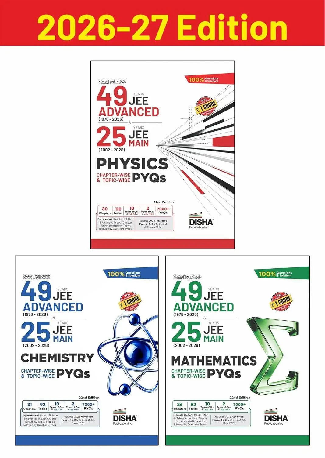 Disha Combo (3 Books) Errorless 49 Years JEE Advanced (1978 - 2026) & 25 Year JEE Main (2002 - 2026) PHYSICS, CHEMISTRY & MATHEMATICS Chapter-wise & Topic-wise PYQs 22nd Edn | For JEE Main & Adv 2027