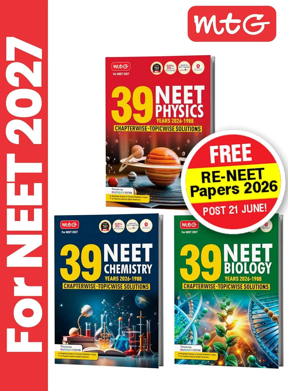 MTG NEET PYQ 39 Years Physics, Chemistry & Biology Book For 2026-2027 Exam (Combo Set of 3) | Chapterwise Topicwise Solved Question Papers |