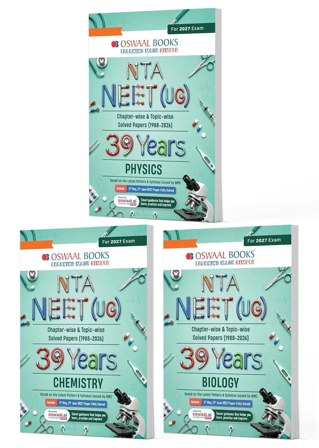 Oswaal NEET 39 Years’ Chapter-wise & Topic-wise Question Bank-Physics, Chemistry And Biology (Set of 3 Books) (1988-2026)