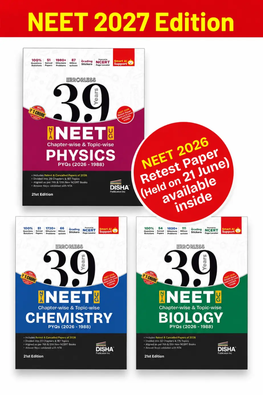Disha (Combo Set of 3 Books) Errorless 39 Years NEET Chapter-wise & Topic-wise Physics, Chemistry & Biology NEET PYQ Book(2026 - 1988) 21st Edn | NEET Previous Year Solved Papers with 2026 Cancelled & Retest