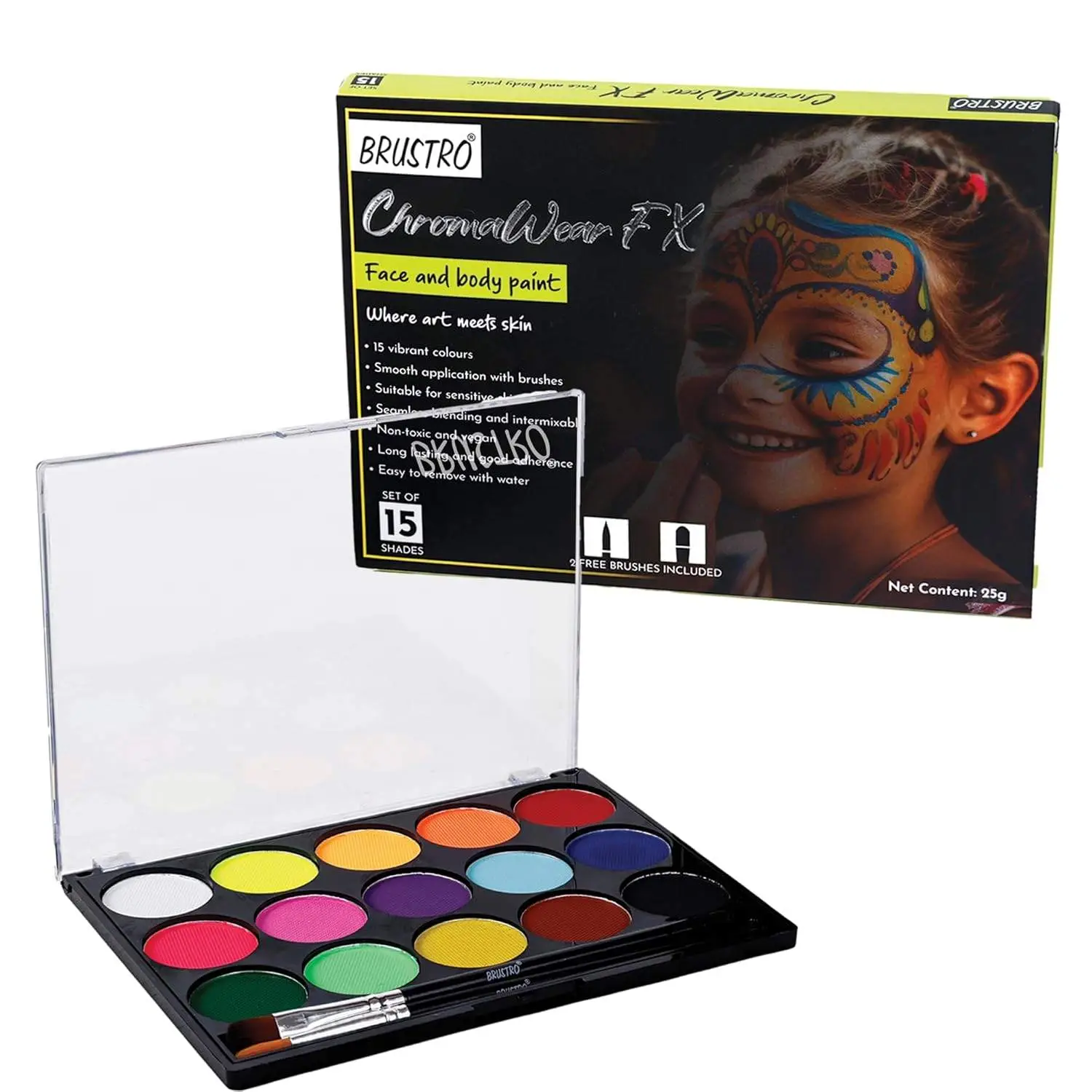 Brustro ChromaWear FX Face & Body Paint| 25g,Set of 15 Vibrant Shades|Includes 2 Free Brushes,Skin-Safe,Non-Toxic,Vegan|Face Art,Cosplay,Festivals and Stage Play for Adult and Kids view 2