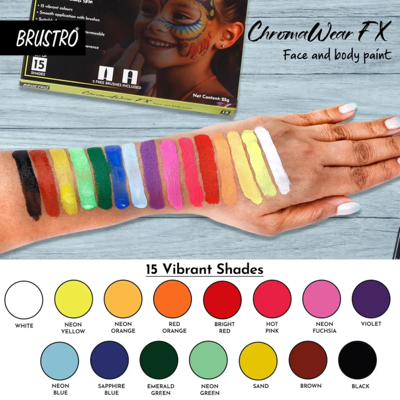 Brustro ChromaWear FX Face & Body Paint| 25g,Set of 15 Vibrant Shades|Includes 2 Free Brushes,Skin-Safe,Non-Toxic,Vegan|Face Art,Cosplay,Festivals and Stage Play for Adult and Kids view 3