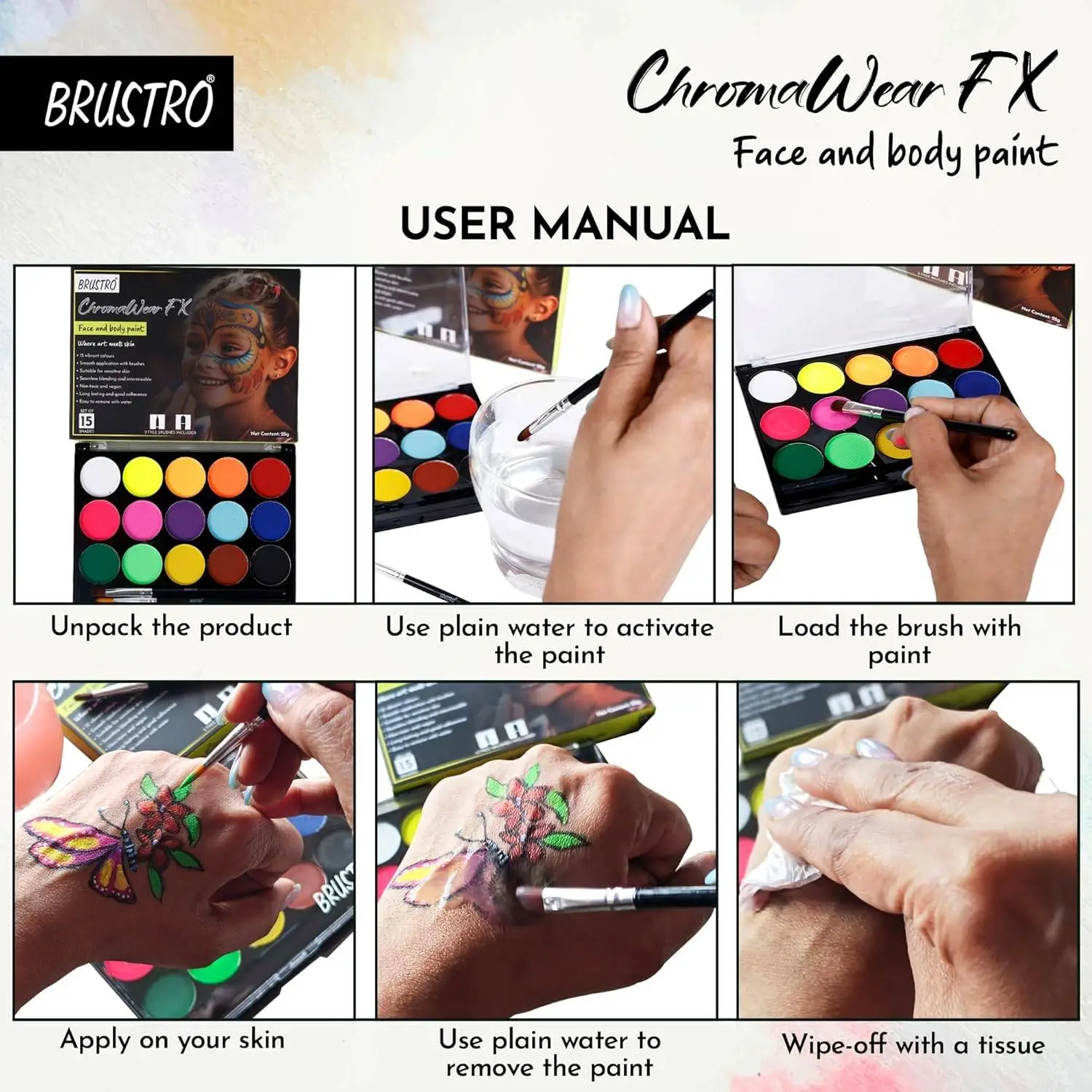 Brustro ChromaWear FX Face & Body Paint| 25g,Set of 15 Vibrant Shades|Includes 2 Free Brushes,Skin-Safe,Non-Toxic,Vegan|Face Art,Cosplay,Festivals and Stage Play for Adult and Kids view 4