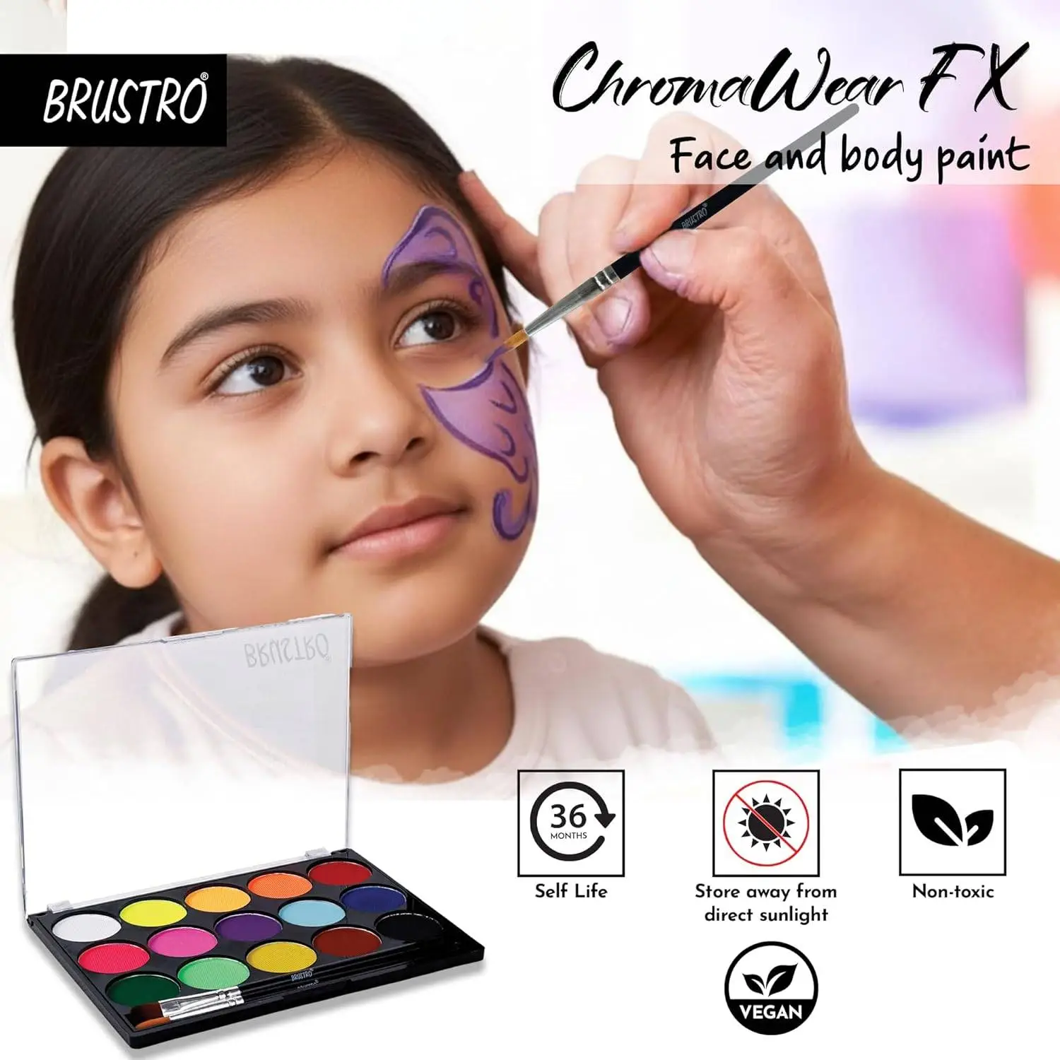 Brustro ChromaWear FX Face & Body Paint| 25g,Set of 15 Vibrant Shades|Includes 2 Free Brushes,Skin-Safe,Non-Toxic,Vegan|Face Art,Cosplay,Festivals and Stage Play for Adult and Kids view 5