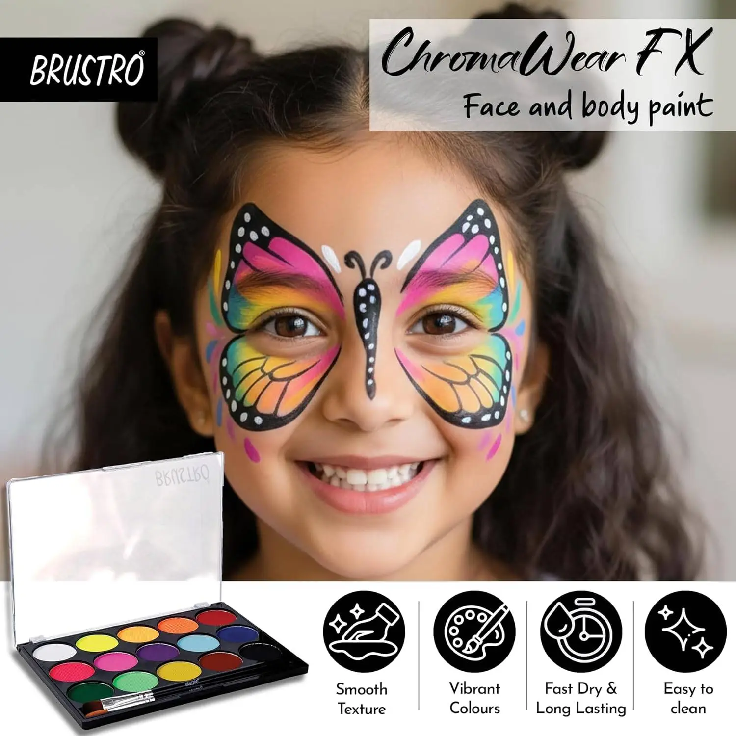 Brustro ChromaWear FX Face & Body Paint| 25g,Set of 15 Vibrant Shades|Includes 2 Free Brushes,Skin-Safe,Non-Toxic,Vegan|Face Art,Cosplay,Festivals and Stage Play for Adult and Kids view 6