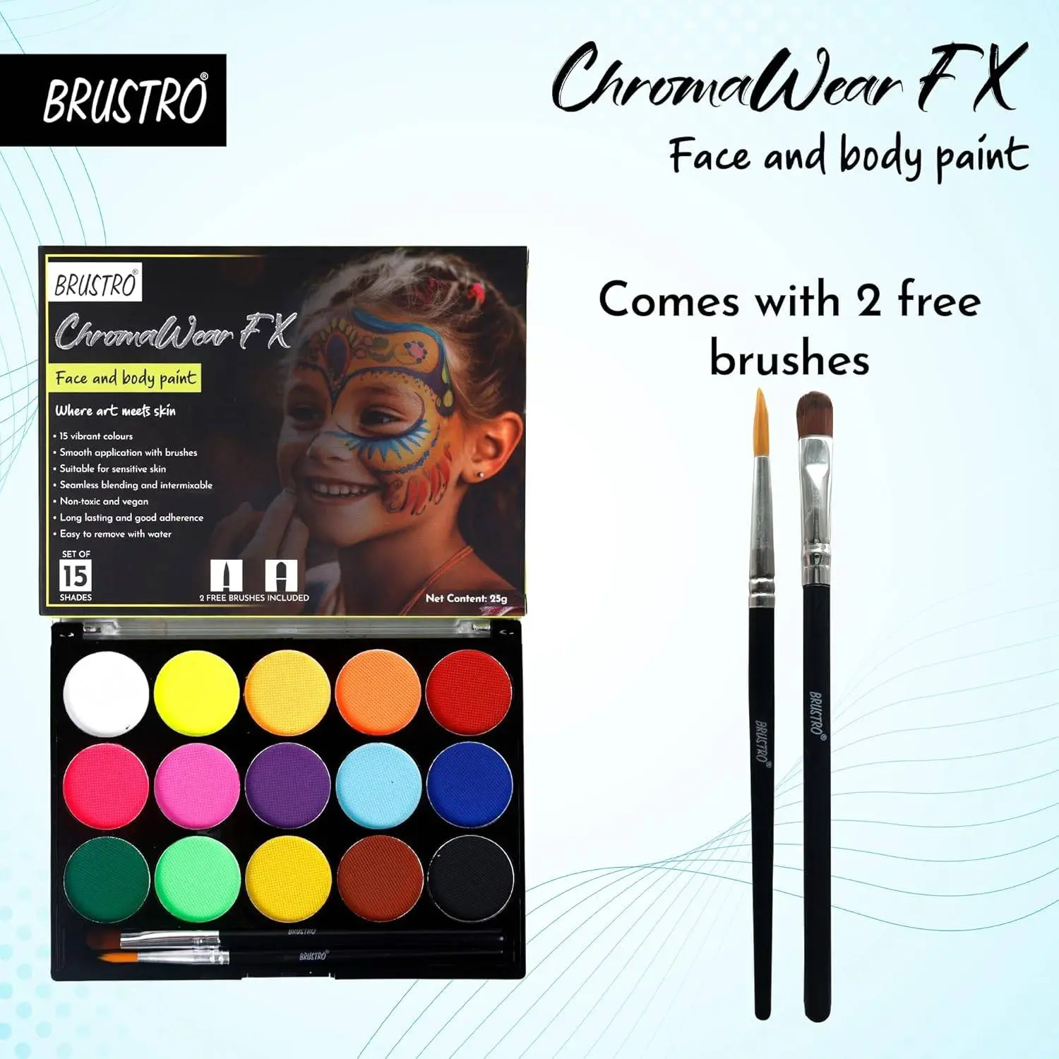 Brustro ChromaWear FX Face & Body Paint| 25g,Set of 15 Vibrant Shades|Includes 2 Free Brushes,Skin-Safe,Non-Toxic,Vegan|Face Art,Cosplay,Festivals and Stage Play for Adult and Kids view 7