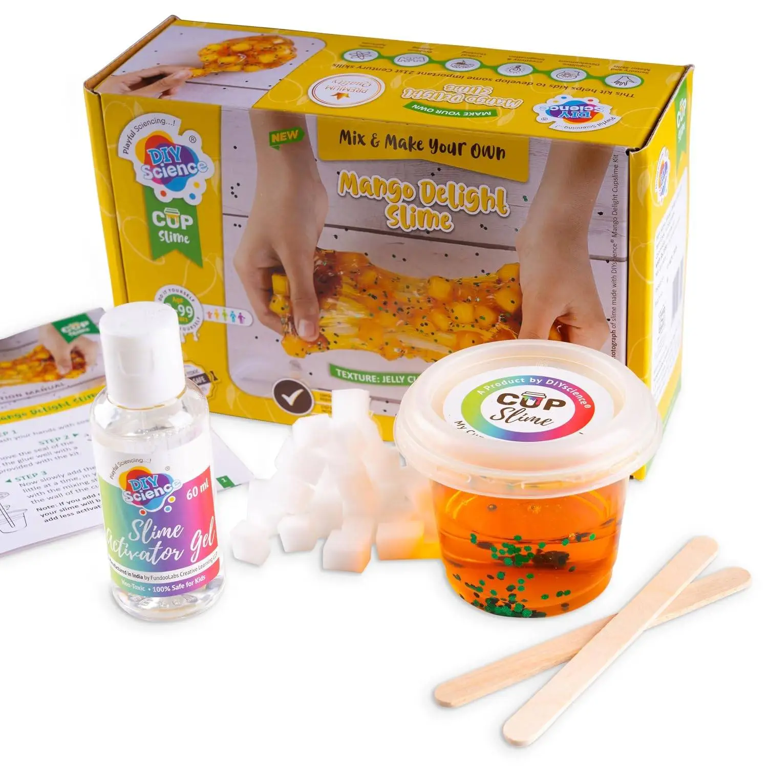Mango Delight Slime Kit, Slime Making Kit, 8+ Years, Make Super Shiny & Stretchy Jelly Cube Slime, Mango Scented Slime Glitter Glue, Activator Gel, Ultralight Foam Cubes view 2