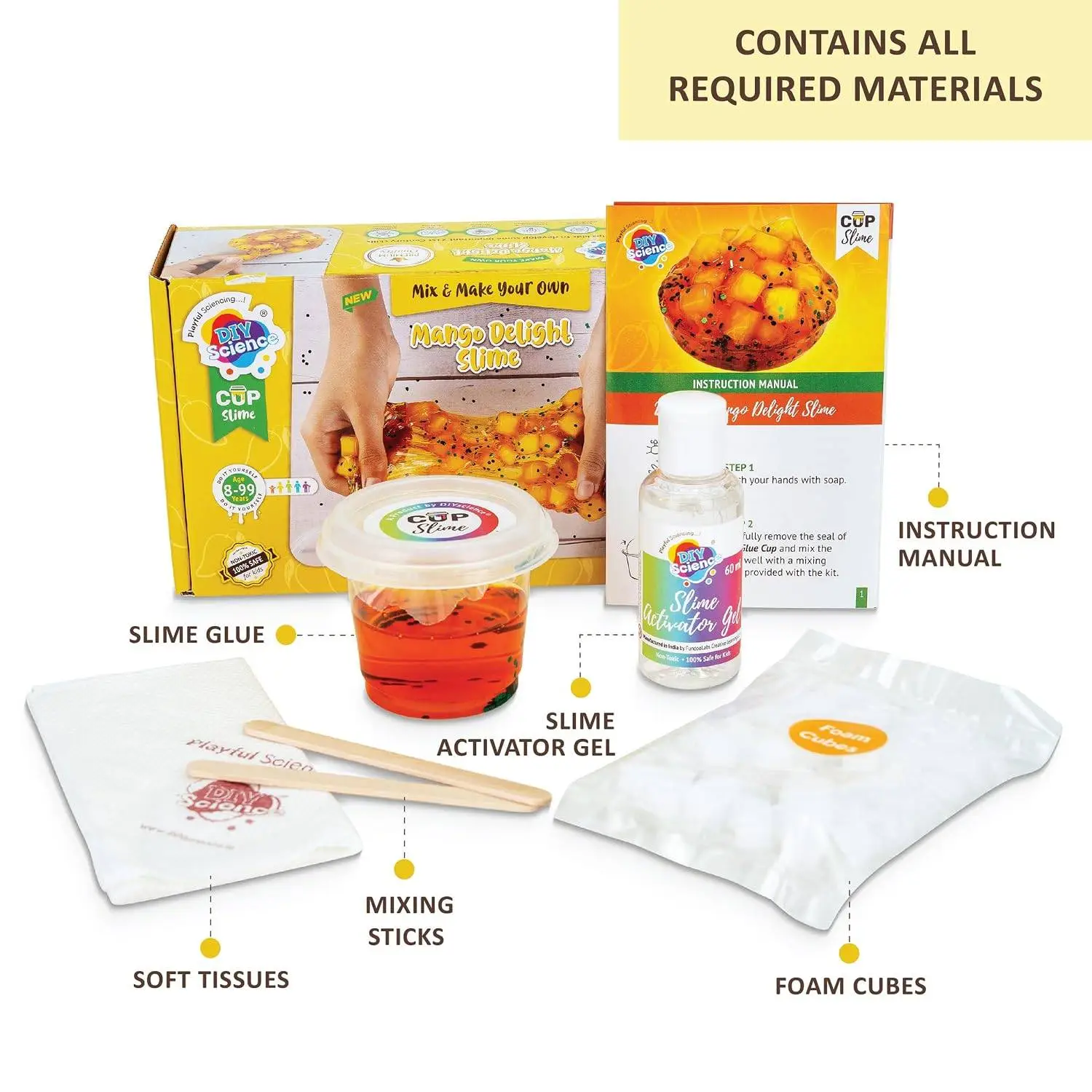 Mango Delight Slime Kit, Slime Making Kit, 8+ Years, Make Super Shiny & Stretchy Jelly Cube Slime, Mango Scented Slime Glitter Glue, Activator Gel, Ultralight Foam Cubes view 3