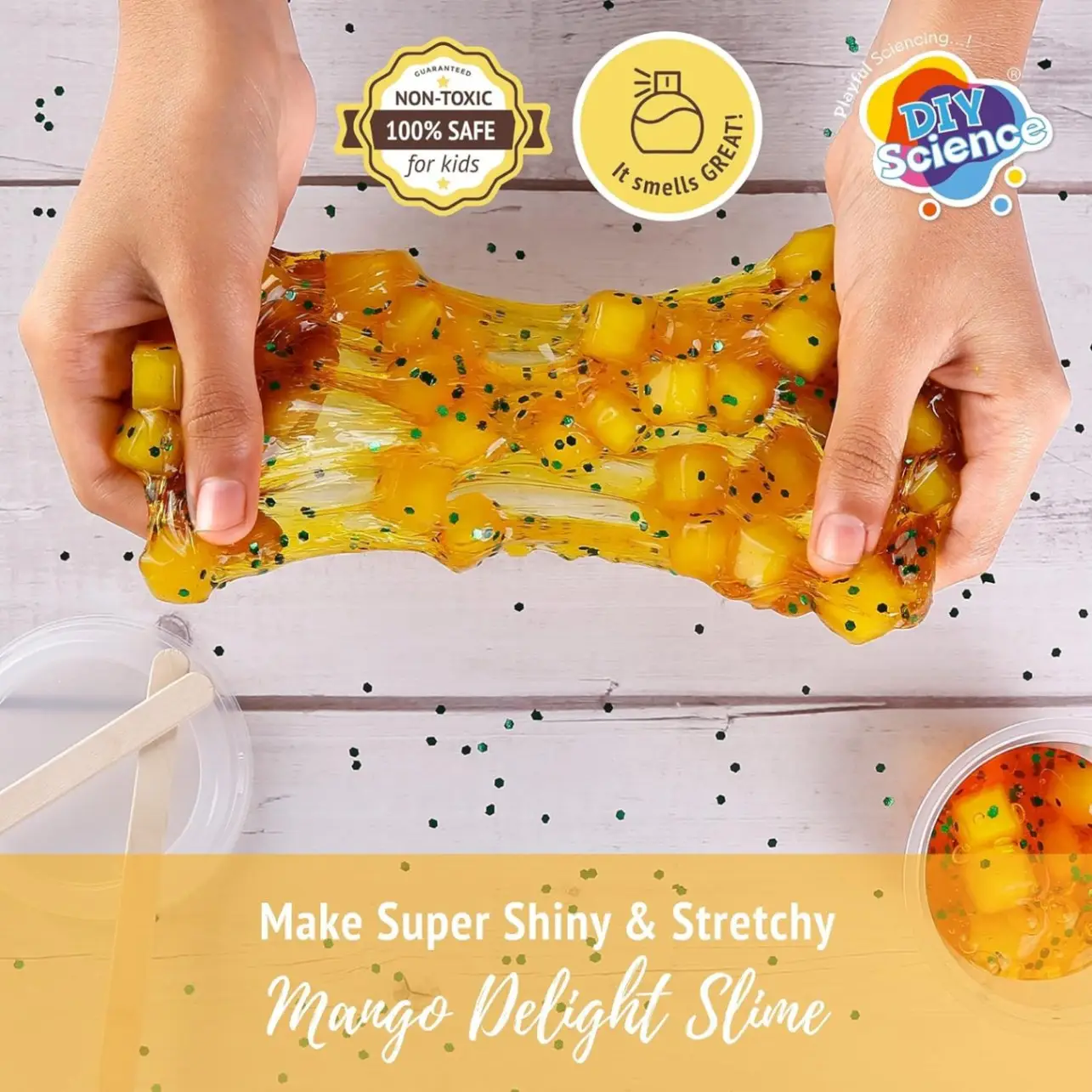 Mango Delight Slime Kit, Slime Making Kit, 8+ Years, Make Super Shiny & Stretchy Jelly Cube Slime, Mango Scented Slime Glitter Glue, Activator Gel, Ultralight Foam Cubes view 4