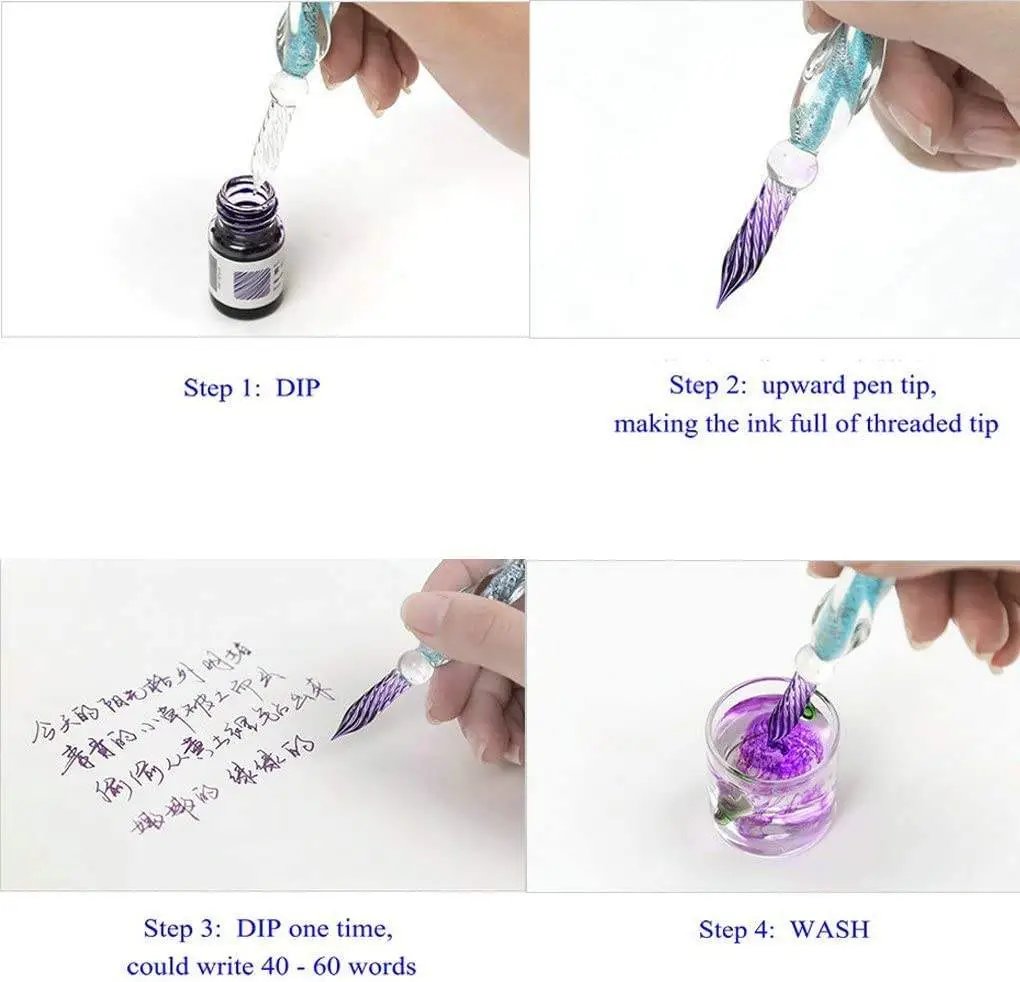 Crystal Glass Dip Pen with 12 Colors Ink Set for Calligraphy, Writing, Signatures, Art & Drawing (1 Crystal Pen & 12 Bottles of Ink) view 6