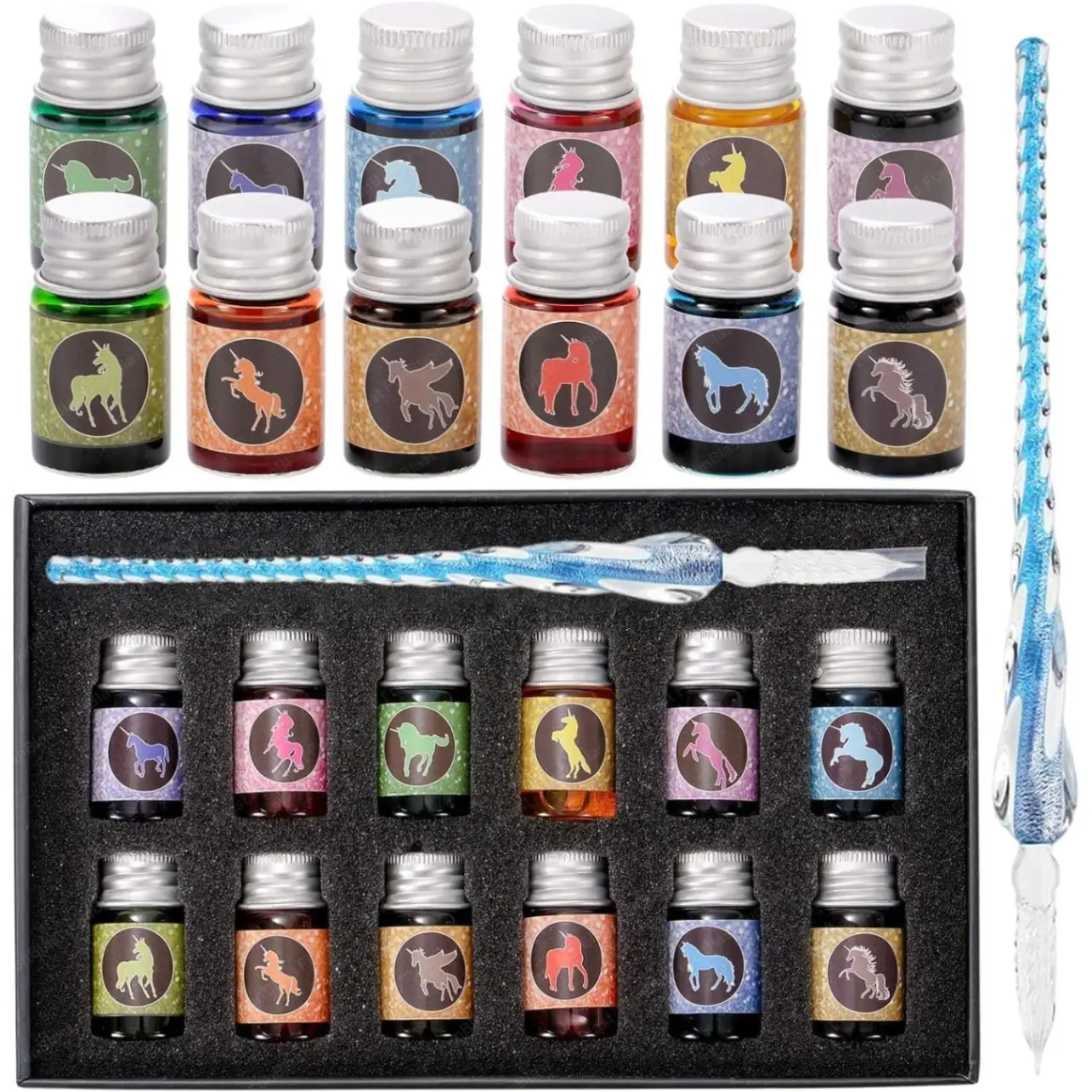 Crystal Glass Dip Pen with 12 Colors Ink Set for Calligraphy, Writing, Signatures, Art & Drawing (1 Crystal Pen & 12 Bottles of Ink)