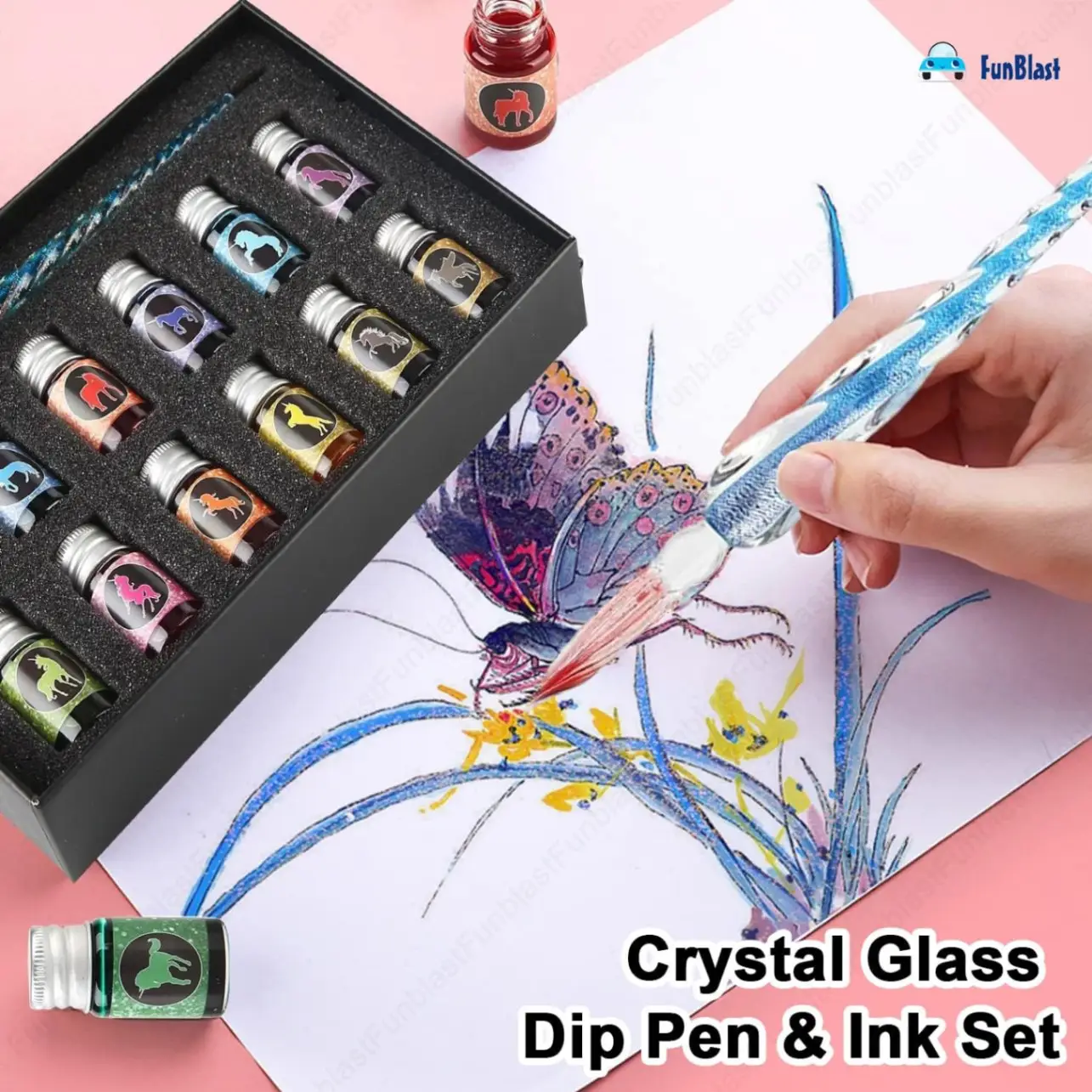 Crystal Glass Dip Pen with 12 Colors Ink Set for Calligraphy, Writing, Signatures, Art & Drawing (1 Crystal Pen & 12 Bottles of Ink) view 2