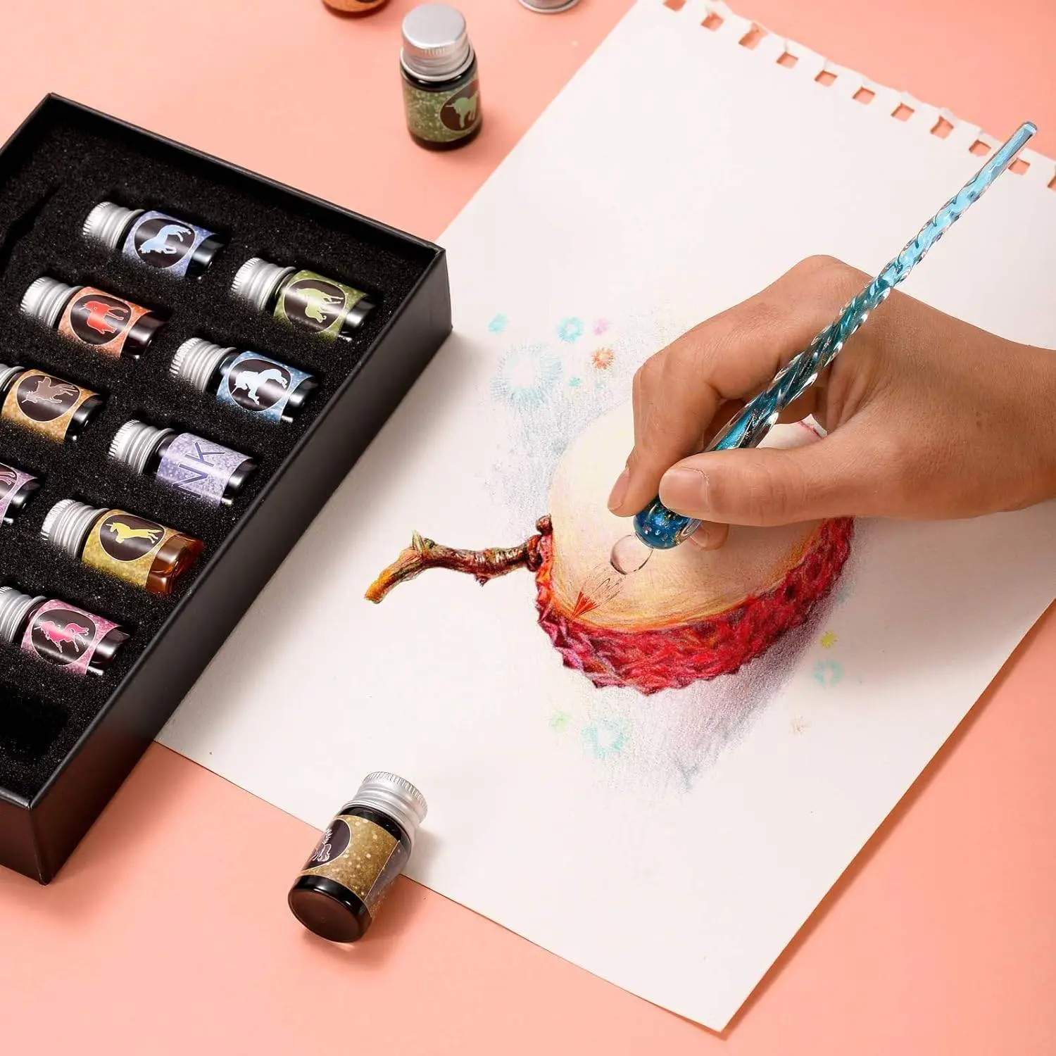 Crystal Glass Dip Pen with 12 Colors Ink Set for Calligraphy, Writing, Signatures, Art & Drawing (1 Crystal Pen & 12 Bottles of Ink) view 3