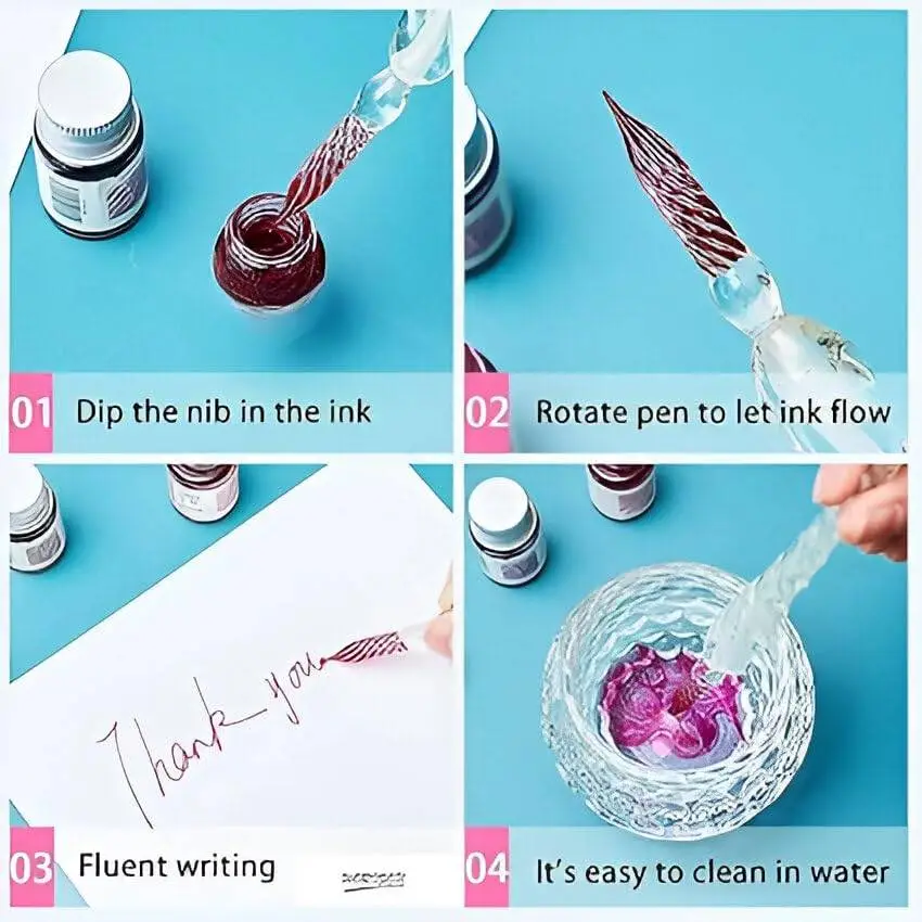 Crystal Glass Dip Pen and Ink Set, Glass Calligraphy Pens with Ink and Holder, Crystal Signature Pen for Art Painting, Writing, Decoration and Business Gift (3 Pcs) view 4