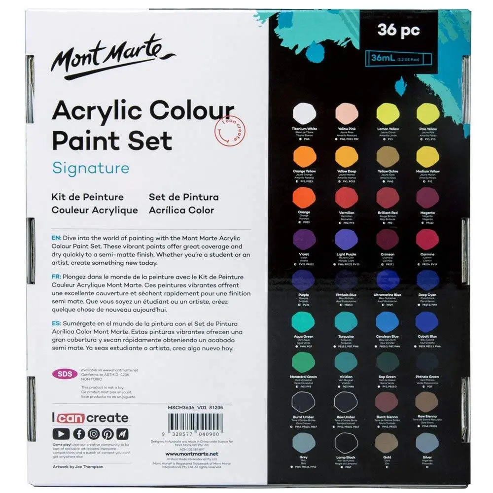 Mont Marte Acrylic Paint Set 36 Colors, 36ml, Multicolour view 5