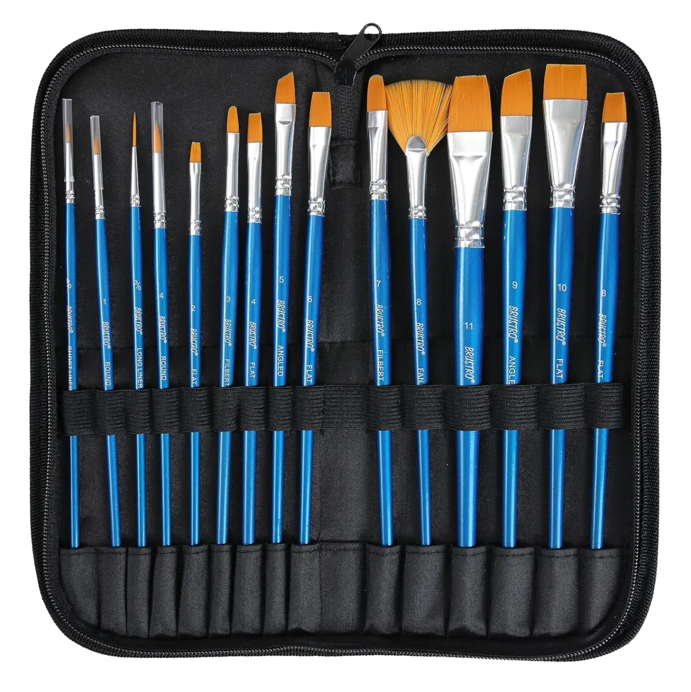 Brustro Taklon Synthetic Hair Short Handle Artists Brush Set of 15 in a Premium Zippered Brush Wallet