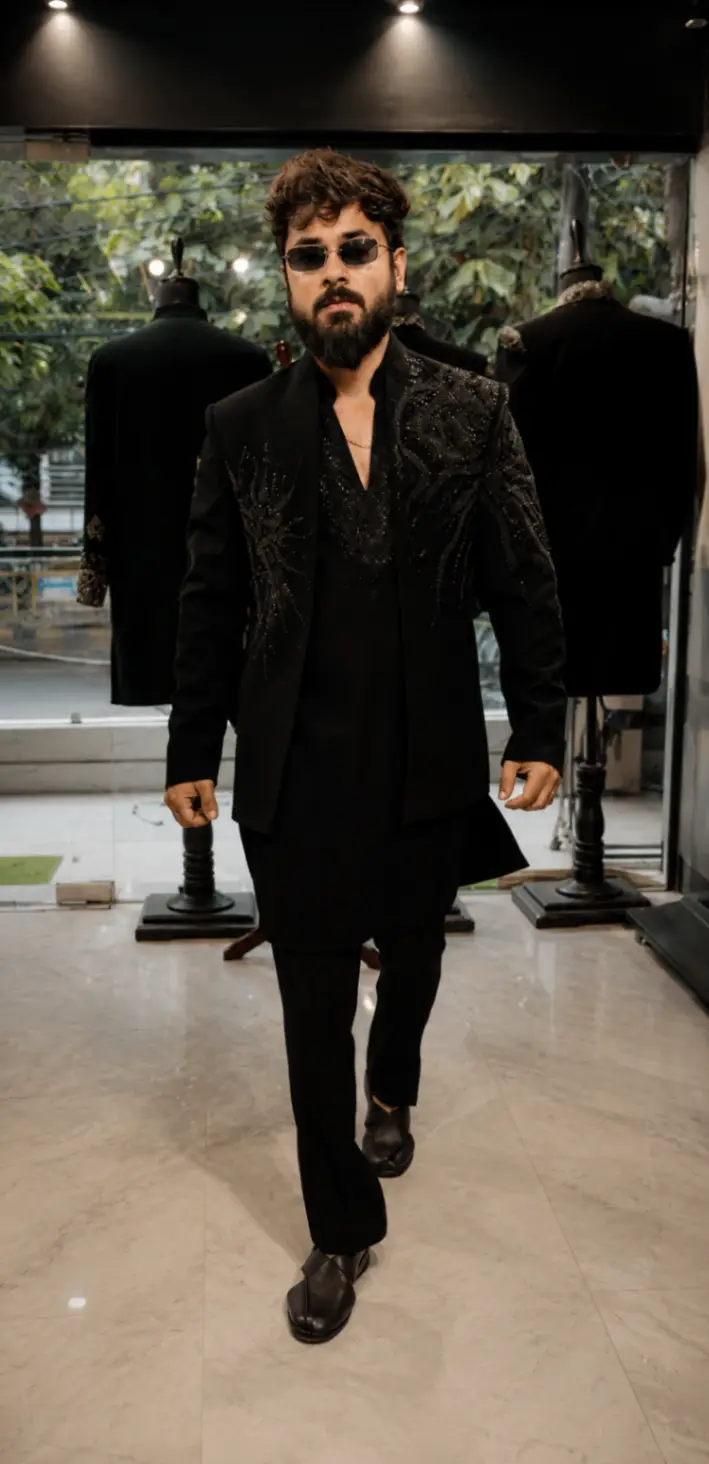 Black On Black Embroidered Shrug Set