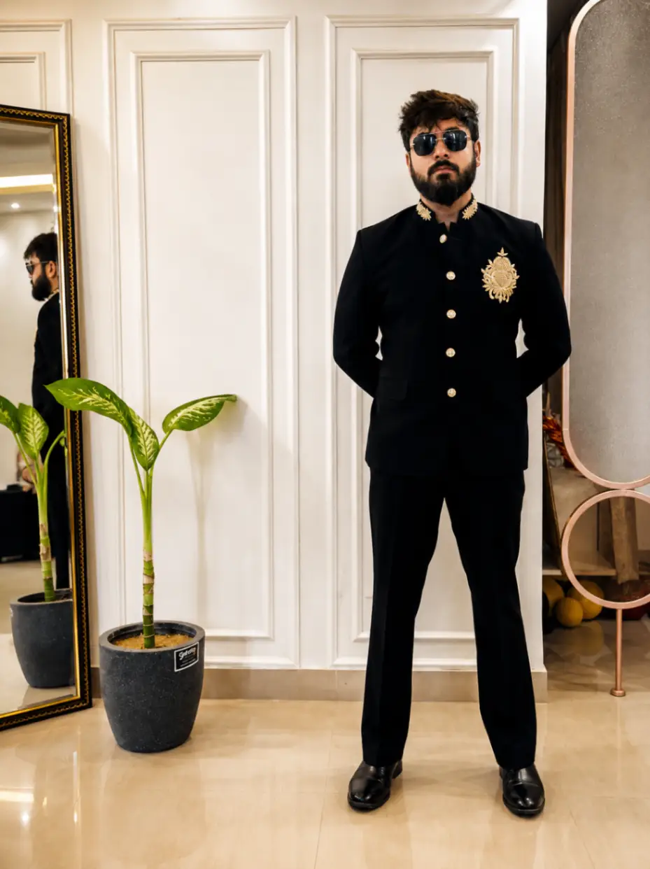 Classic Bandhgala Suit With Work On Collar Hands And Front view 2