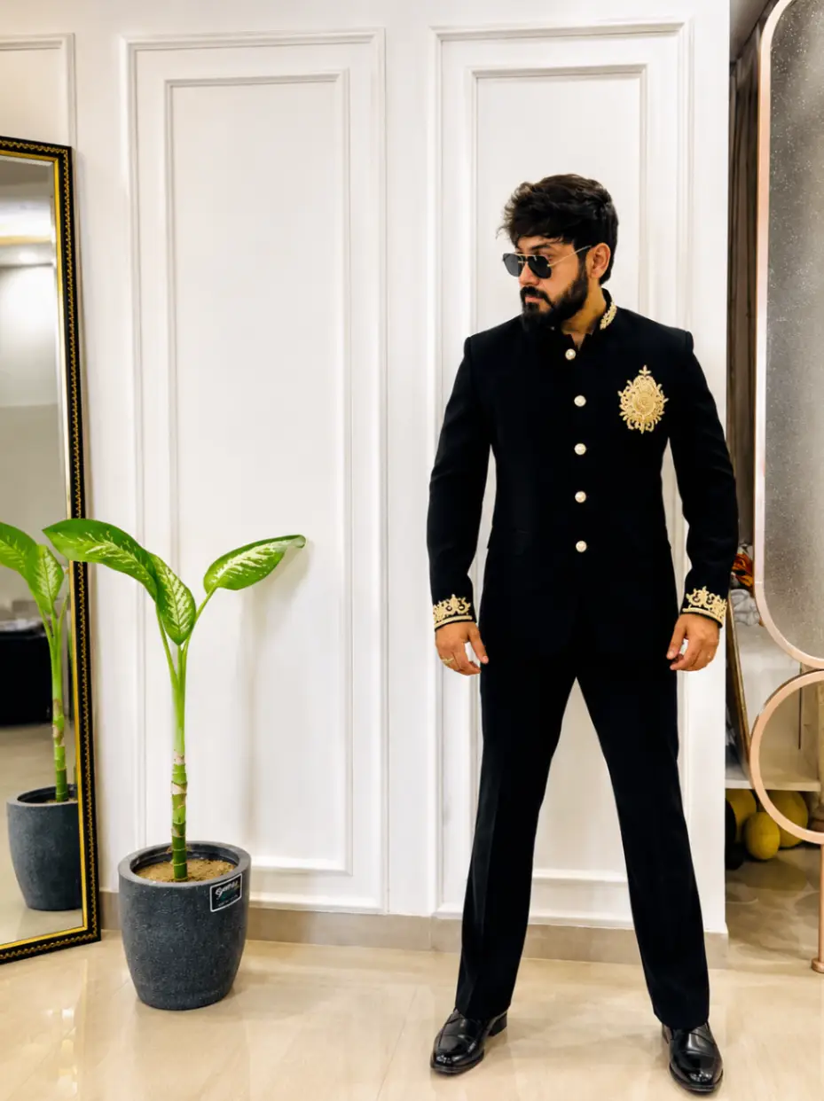 Classic Bandhgala Suit With Work On Collar Hands And Front view 3