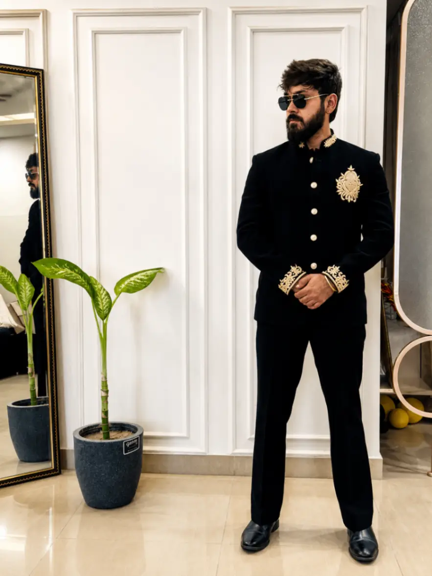 Classic Bandhgala Suit With Work On Collar Hands And Front view 4