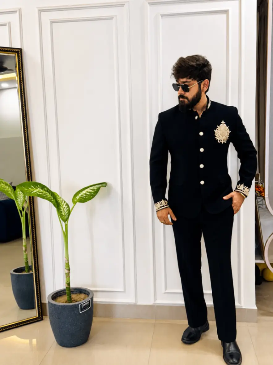 Classic Bandhgala Suit With Work On Collar Hands And Front view 5
