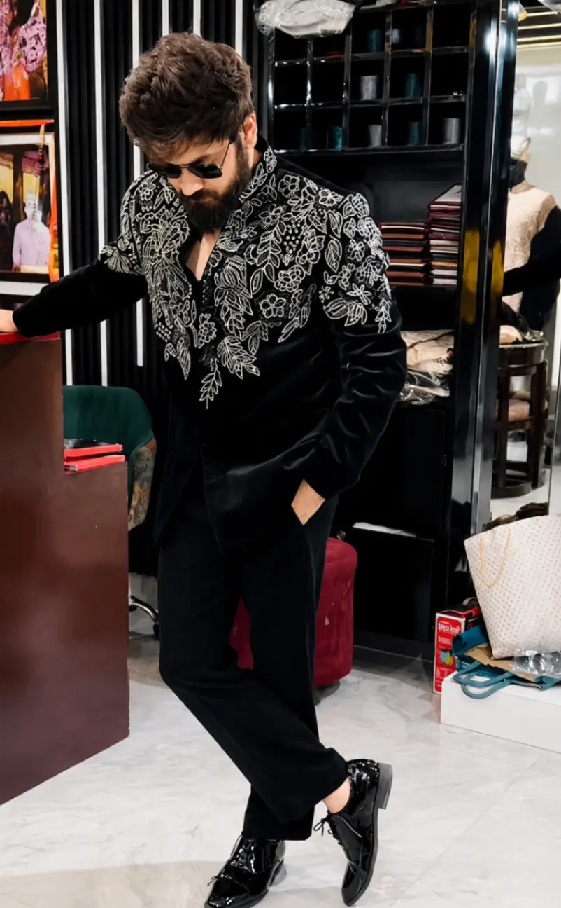 Embroidered Cotton Velvet Jodhpuri + Pants view 2