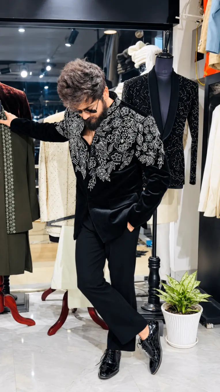 Embroidered Cotton Velvet Jodhpuri + Pants view 3