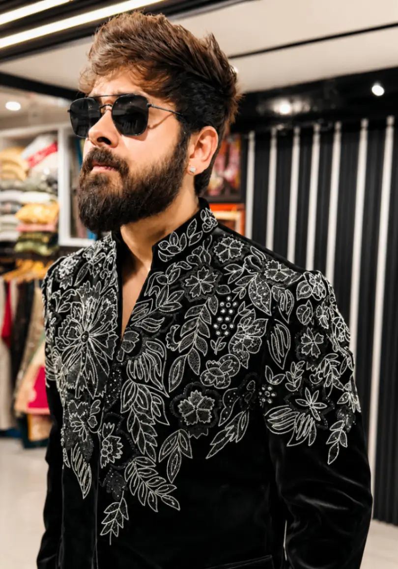Embroidered Cotton Velvet Jodhpuri + Pants view 4