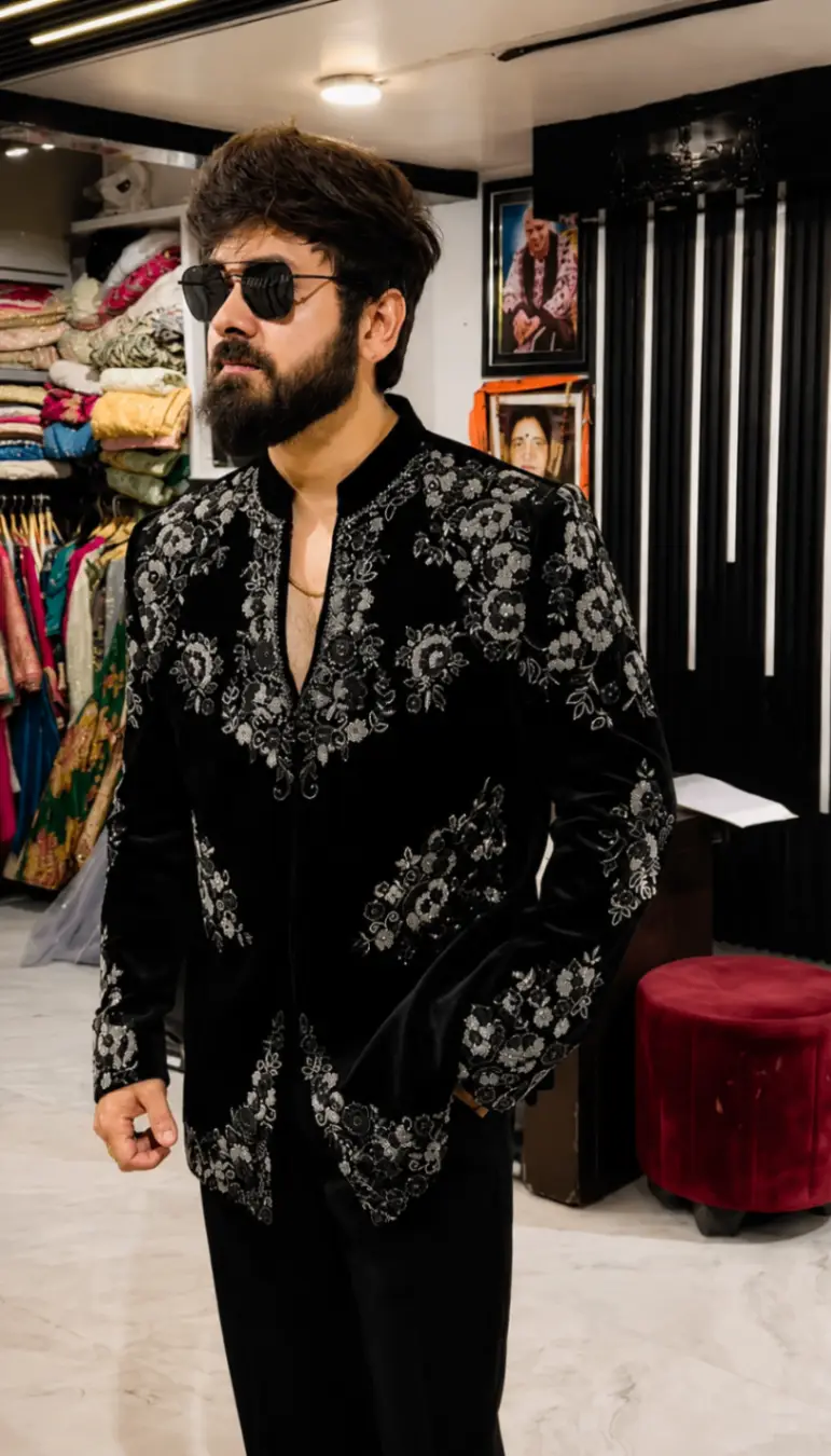 Intricate Handwork V Neck Jodhpuri Suit In Cotton Valvet view 2