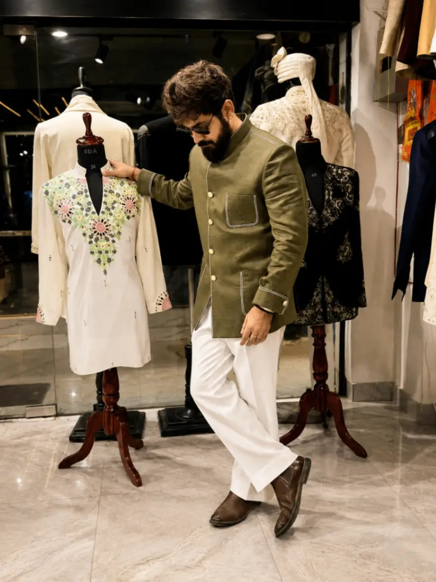 Linen Threadwork Jodhpuri In Olive view 2