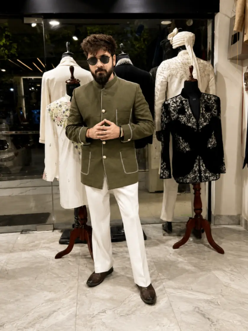 Linen Threadwork Jodhpuri In Olive view 3