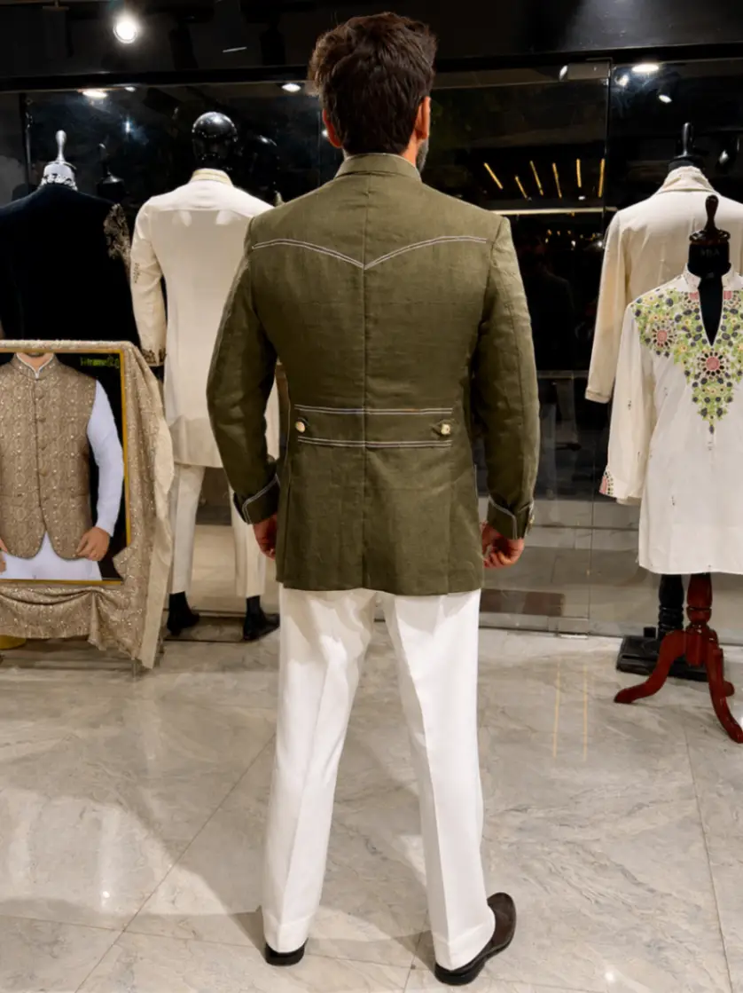 Linen Threadwork Jodhpuri In Olive view 4