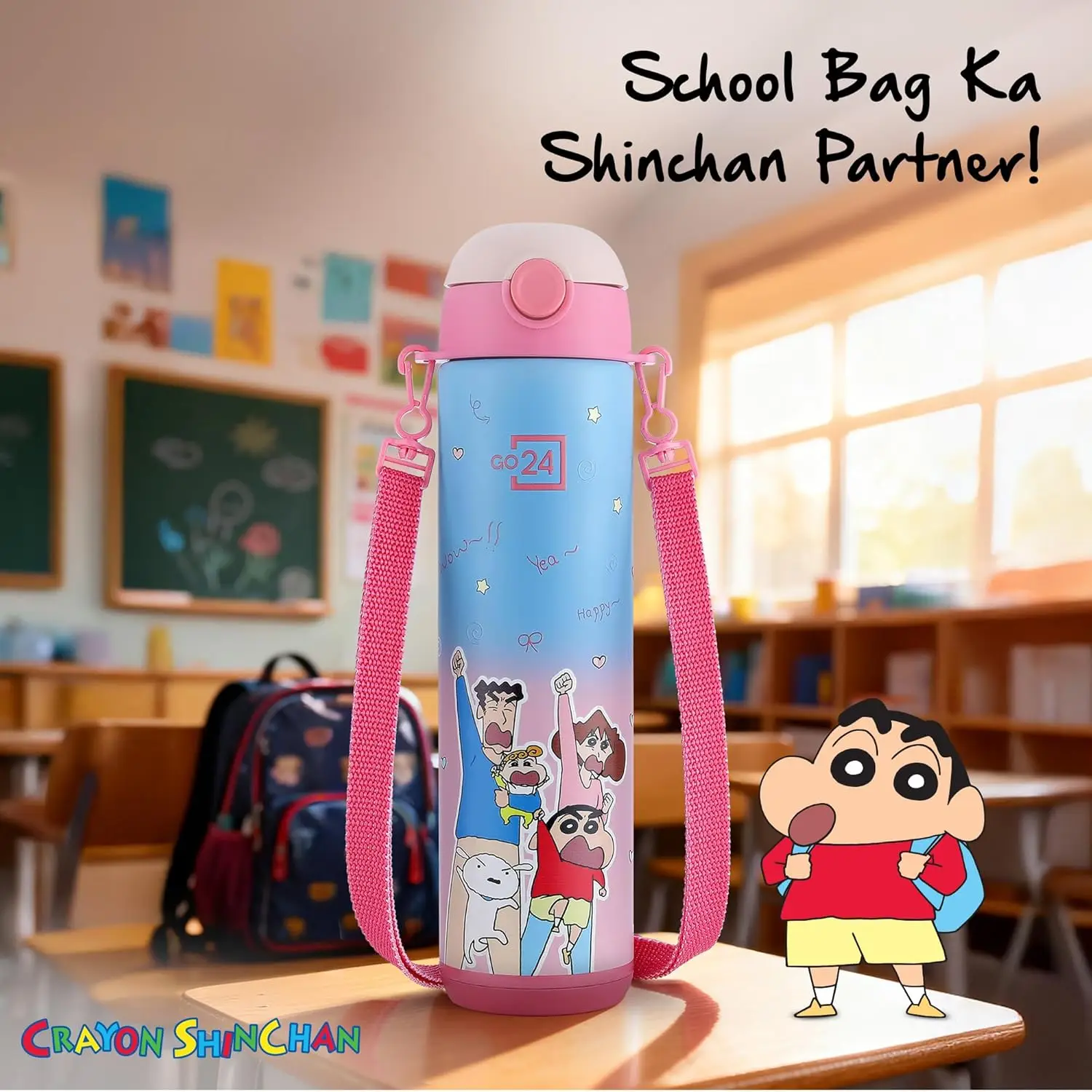 GO24 Shinchan Water Bottle PINK view 2