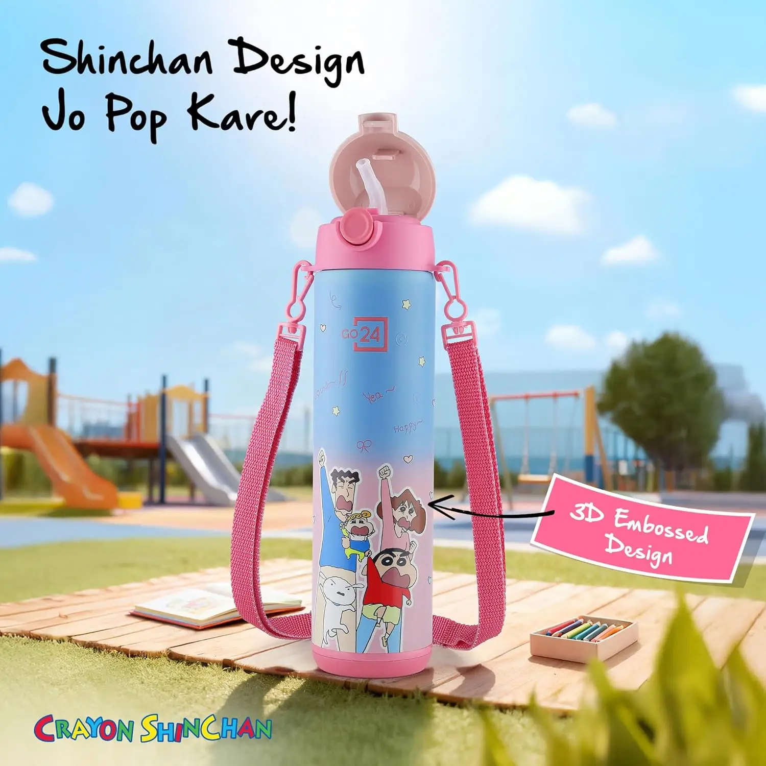 GO24 Shinchan Water Bottle PINK view 3