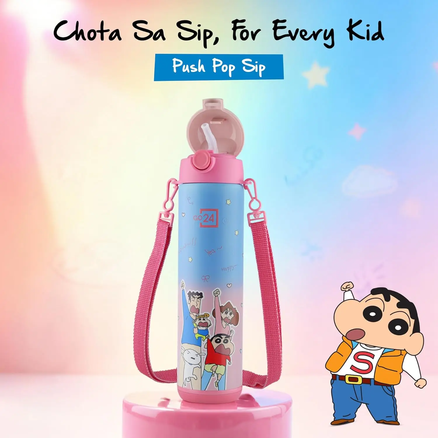 GO24 Shinchan Water Bottle PINK view 4