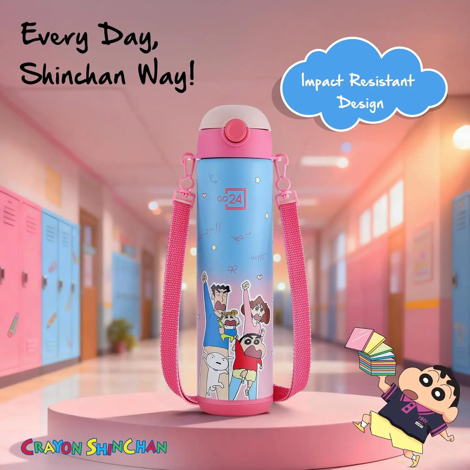 GO24 Shinchan Water Bottle PINK view 6