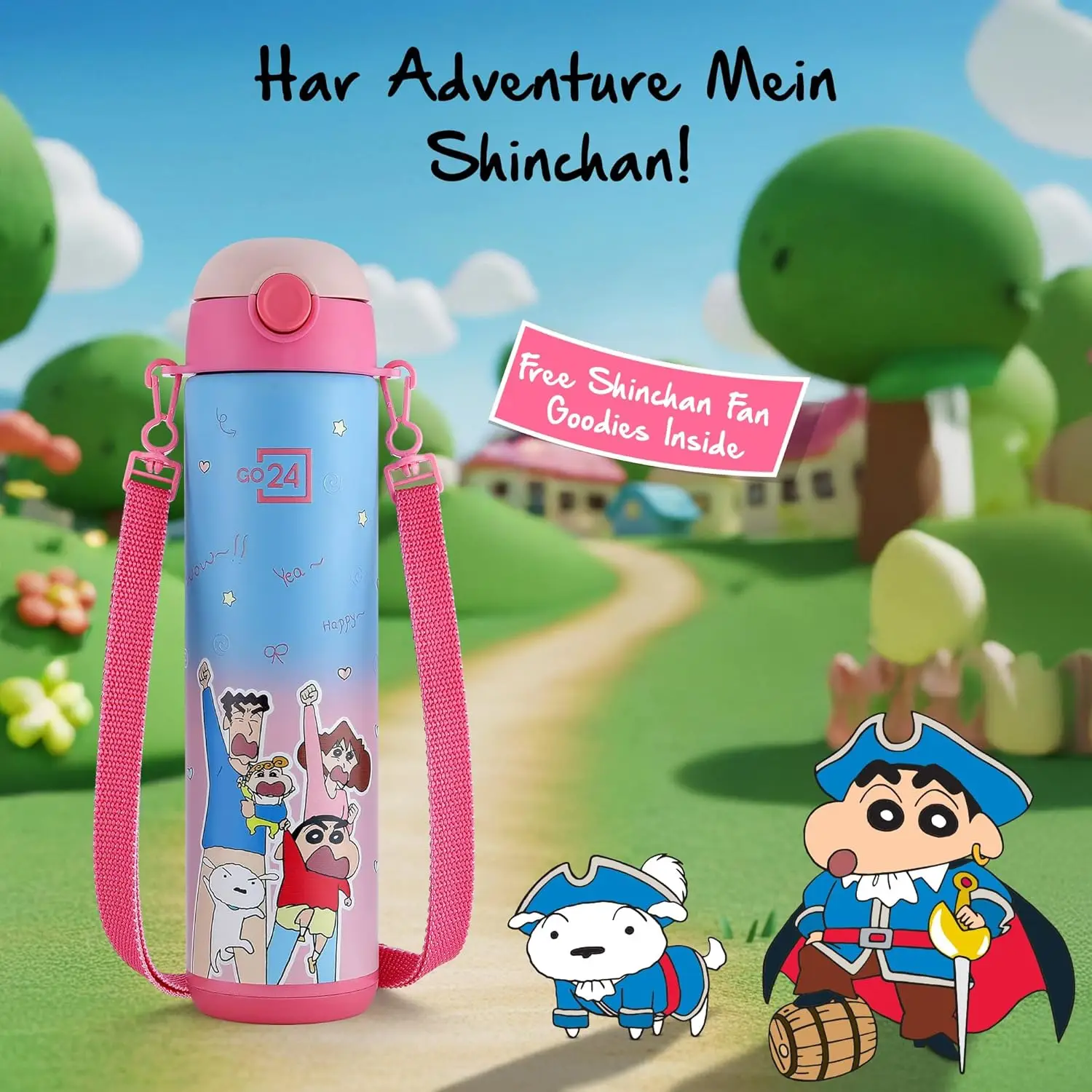 GO24 Shinchan Water Bottle PINK view 7