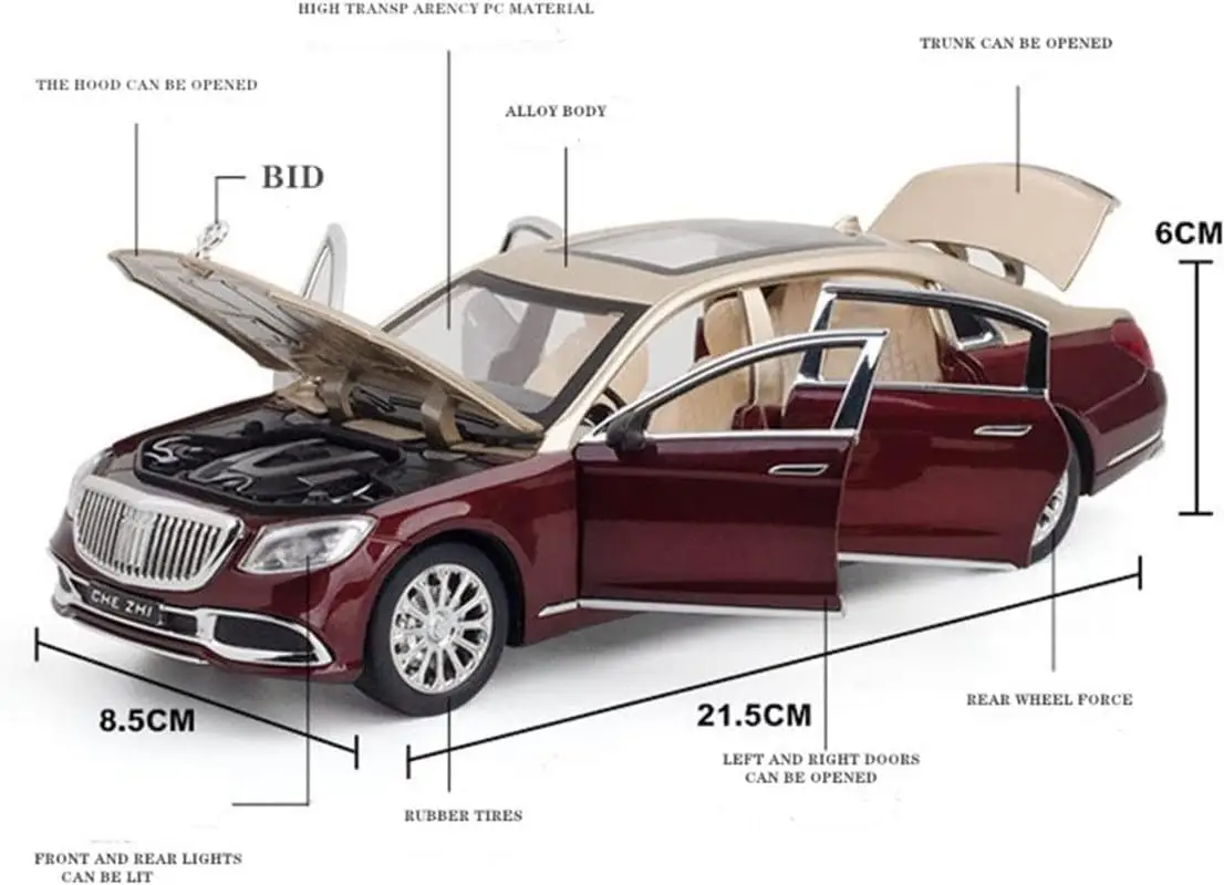 Merceedes Benz Maybach S600 1:24 Diecast Metal Car - Openable Doors, Sound&Light, Pull Back Action, Toy Car view 6