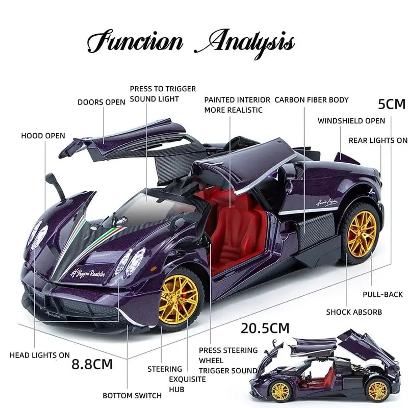 Diecast Pagani 1.24  Alloy Metal Pull Back Diecast Car Scale Model Metal Pullback Toy Car With Openable Doors & Light, Music For Gift,Party Decorations view 2