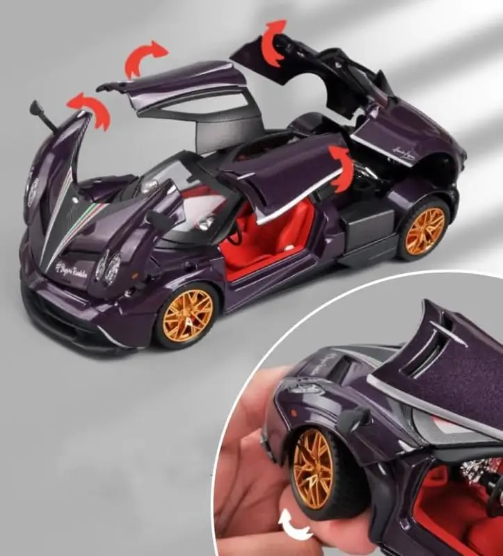 Diecast Pagani 1.24  Alloy Metal Pull Back Diecast Car Scale Model Metal Pullback Toy Car With Openable Doors & Light, Music For Gift,Party Decorations view 3