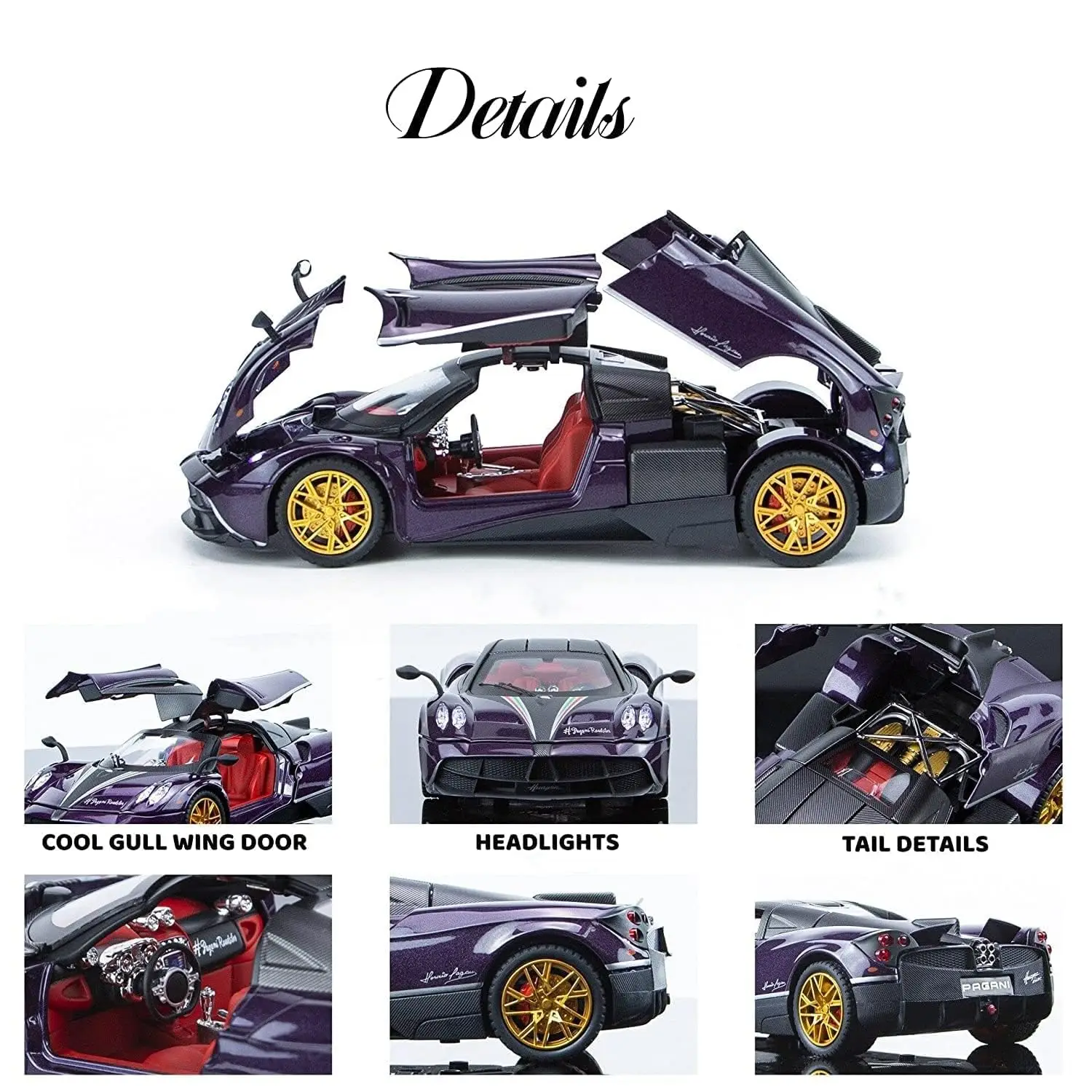 Diecast Pagani 1.24  Alloy Metal Pull Back Diecast Car Scale Model Metal Pullback Toy Car With Openable Doors & Light, Music For Gift,Party Decorations view 5